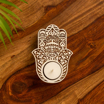 Sacred Hamsa Hand Monolithic Wooden Candle Holder