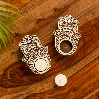Hamsa Hand Sacred Motif Wooden Tealight Holders (Pair)