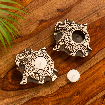 Royal Elephant Hand-Carved Wooden Tealight Holders (Pair)