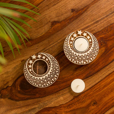 Celestial Star & Crescent Moon Wooden Candle Block Set