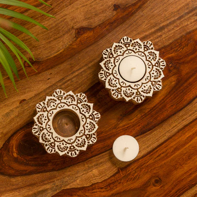 Mandala Blossom Hand-Carved Candle Pedestals (Pair)