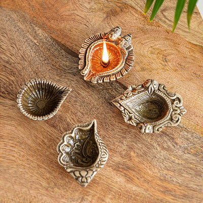 Ganesha & Lakshmi Antique Brass Diya Holder Set